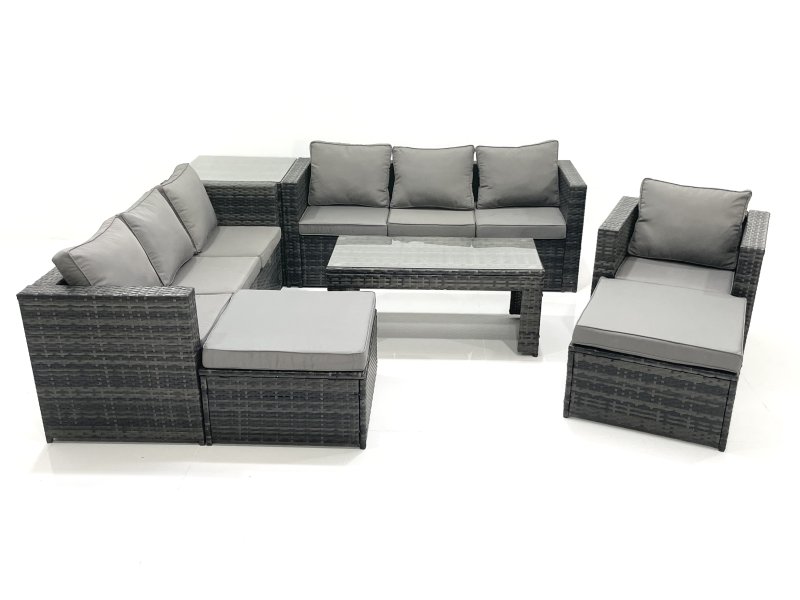 Fimous 9 Seater Rattan Garden Outdoor Furniture Set with 3 Seater Sofa Coffee Table 2 Big Footstool Side table