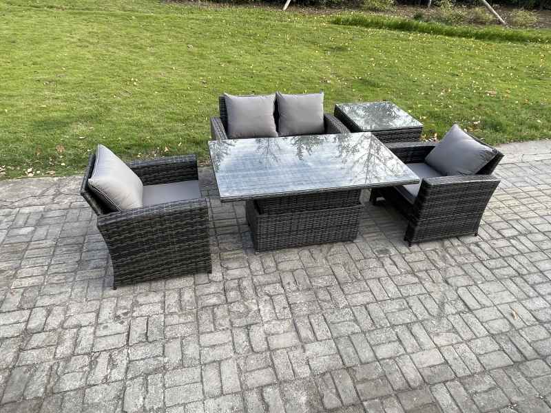 Fimous Outdoor Garden Dining Sets 4 Seater Rattan Patio Furniture Sofa Set with Rising Lifting Table Side Table Dark Grey Mixed