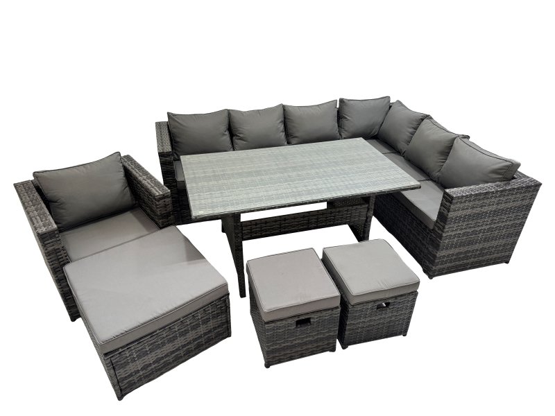 Fimous Rattan Garden Furniture Set Outdoor 10 Seater Patio Dining Corner Sofa Sets with Dining Table Chair Big Stool Dark Grey Mixed