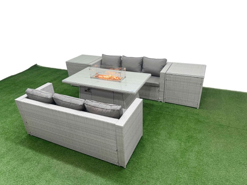 Fimous PE Rattan Lounge Sofa Set Outdoor Garden Furniture Set with Firepit Dining Table 3 Seater Sofa 2 Side Table Light Grey