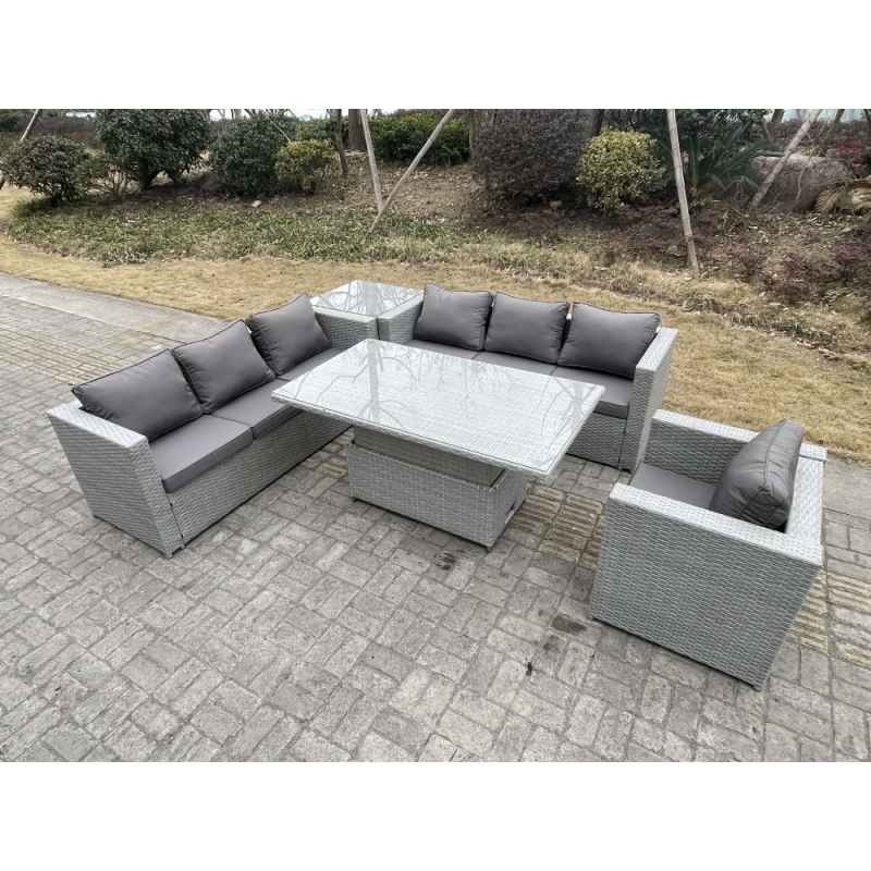 Fimous Rattan Garden Funiture Set Adjustable Rising Lifting Table Sofa Dining Set With Arm Chair And Side Table