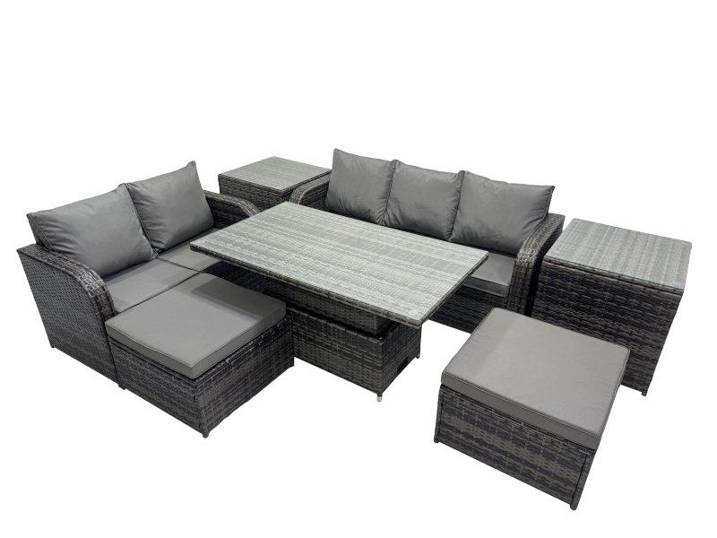 Fimous Rattan Garden Furniture Dining Set 7-seater Patio Height Adjustable Rising Lifting Table Sofa Set with 2 Side Tables Dark Grey Mixed