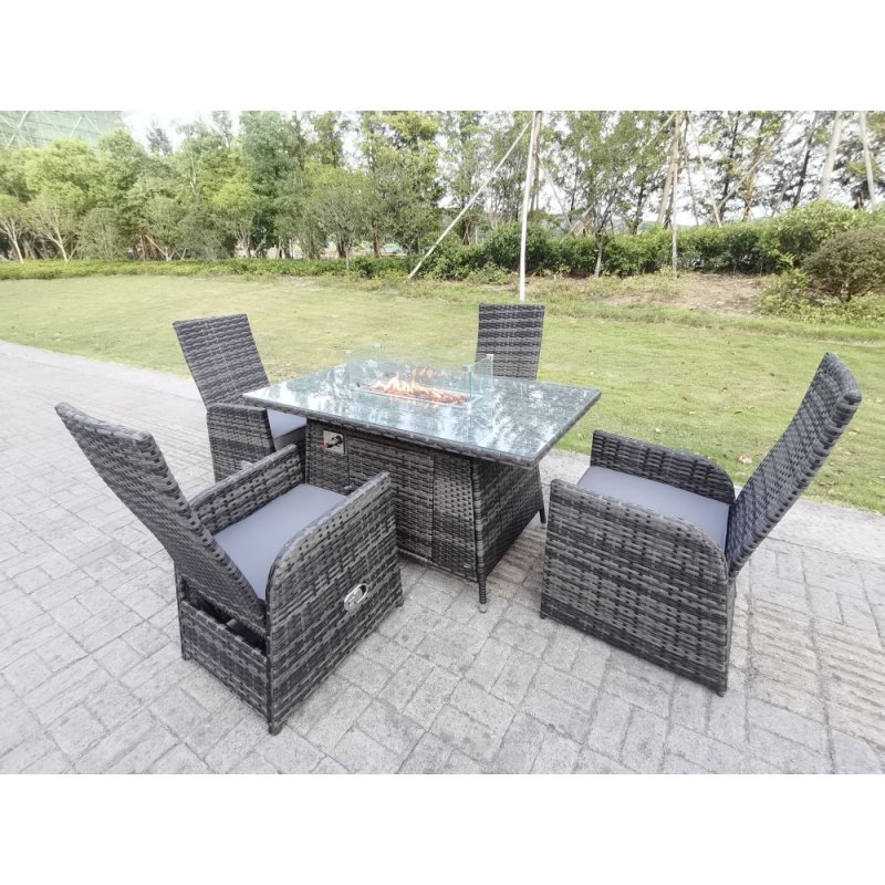 Fimous Rattan Garden Furniture Gas Fire Pit Rectangle Oblong Dining Table And Chairs 4 Seater Plus Rectangular Table