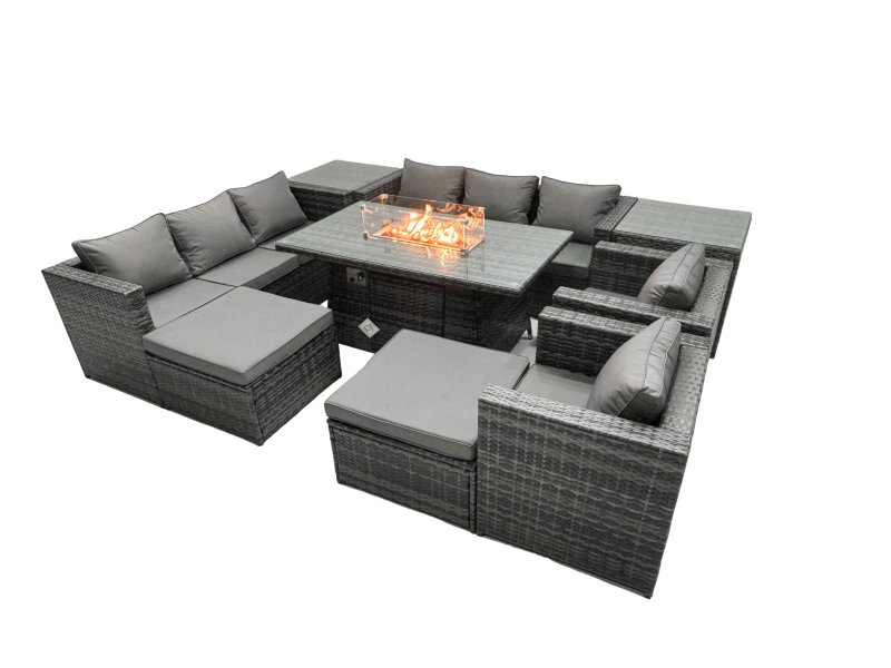 Fimous Rattan Garden Furniture Firepit Dining Set 10 Seater Lounge Sofa Table Set with 2 side table 2 big Footstool