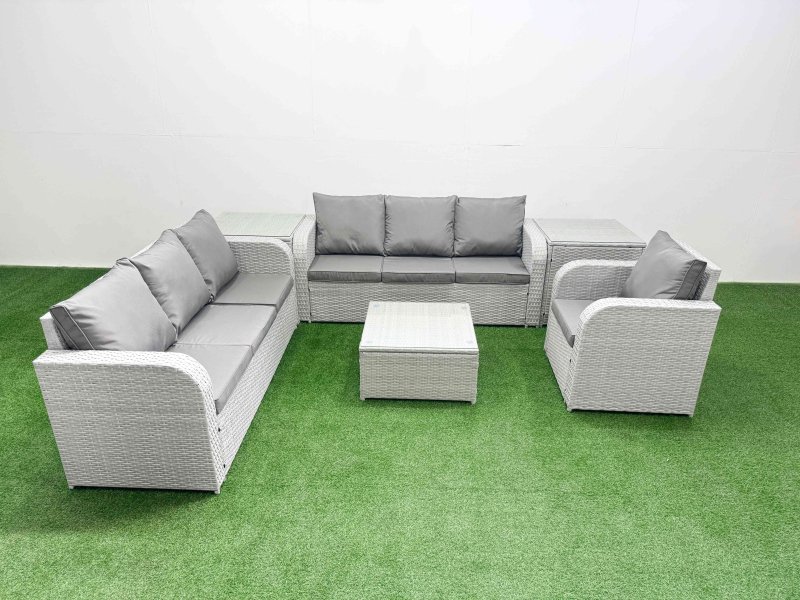 Fimous 7 Seater Poly Rattan Outdoor Garden Furniture Square Coffee Table Sofa Set Patio 3 Seater Sofa Reclining Chair 3 Seater Sofa 2 Side Table Light Grey