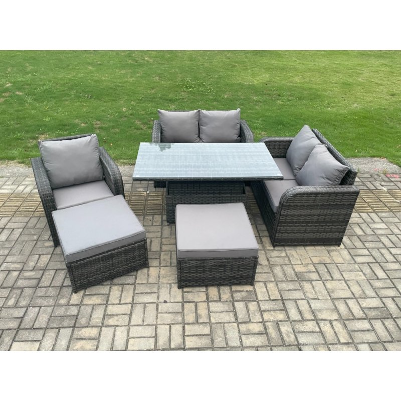 Fimous 7 Seater Rattan Furniture Garden Dining Set Outdoor Height Adjustable Rising lifting Table Love Sofa Chair With 2 Big Footstool