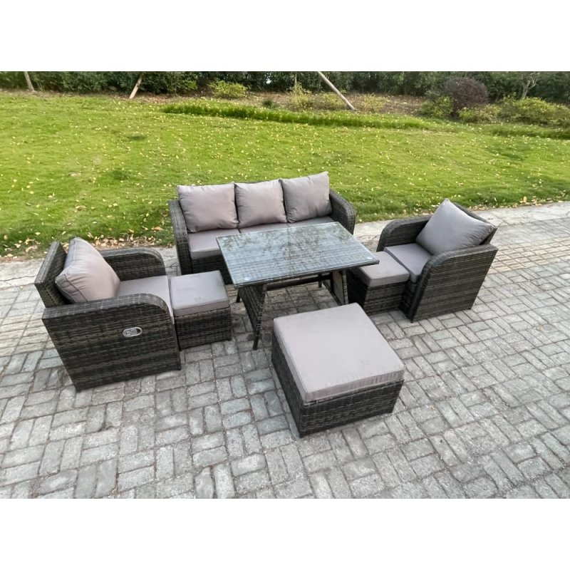Fimous 8 Seater Rattan Wicker Garden Furniture Patio Conservatory Sofa Set with Rectangular Dining Table Reclining Chair 3 Seater Sofa 3 Footstools