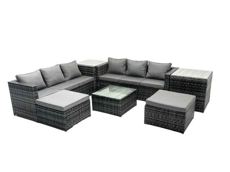 Fimous Outdoor Rattan Garden Furniture Set 8 Seater Patio Lounge Sofa Set with Square Coffee Table 2 Side Tables 2 Big Footstools Dark Grey Mixed