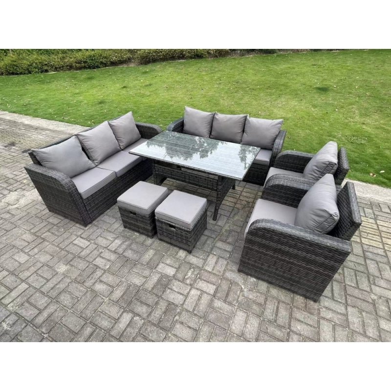 Fimous 10 Seater Dark Grey PE Wicker Rattan Garden Furniture Set Reclining Chair Lounge 3 Seater Sofa Set Outdoor Rectangular Dining Table Stools