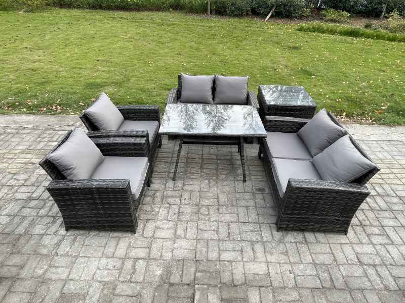 Fimous Rattan Garden Furniture Set 6 Seater Patio Outdoor Lounge Sofa Set with Rectangular Dining Table Love Seat Sofa Side Table Dark Grey Mixed