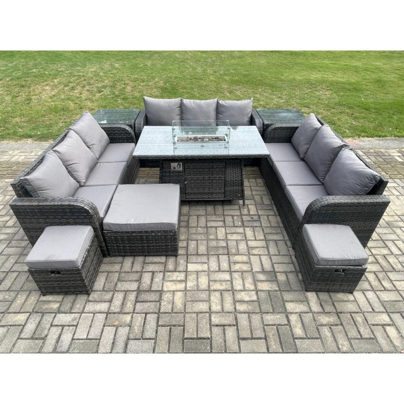 Fimous Outdoor Rattan Furniture Garden Dining Set Gas Fire Pit Table With 2 Side Tables Lounge Sofa 3 Footstool