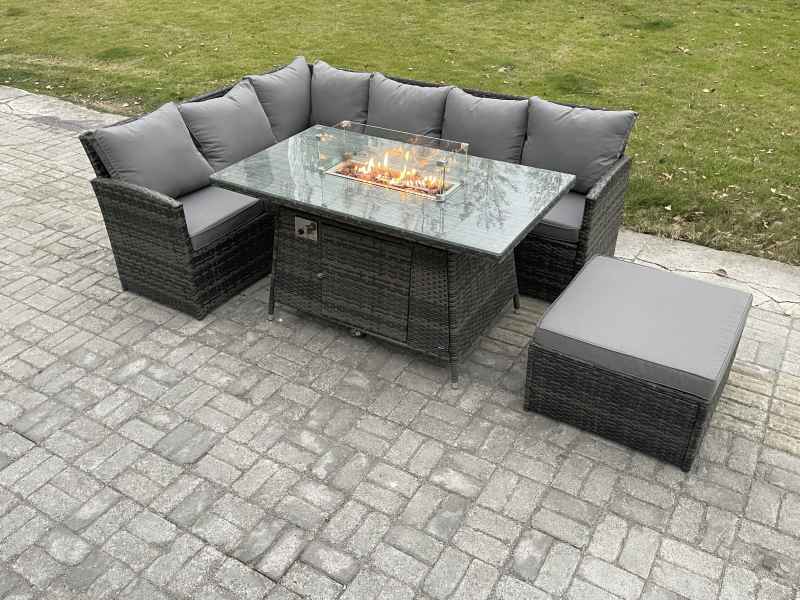 Fimous 7 Seater Rattan Garden Furniture Sets High Back Corner Sofa Fire Pit Dining Table Sets Gas Heater with Big Footstool Dark Grey Mixed