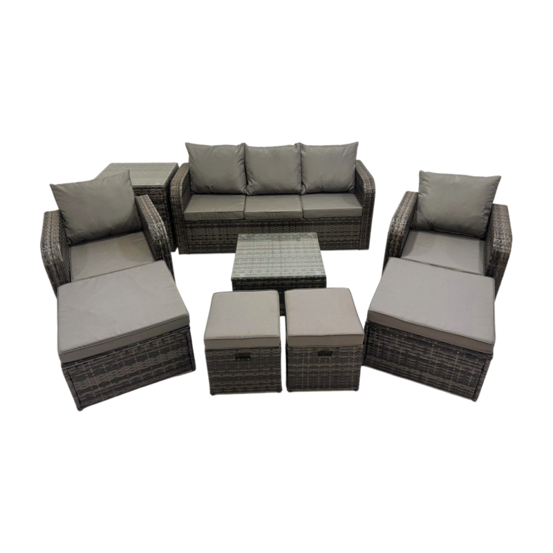 Fimous 3 Seater Sofa Reclining Chair Coffee Table Set Rattan Garden Outdoor Furniture Set with Side Table 4 Stools Dark Grey Mixed