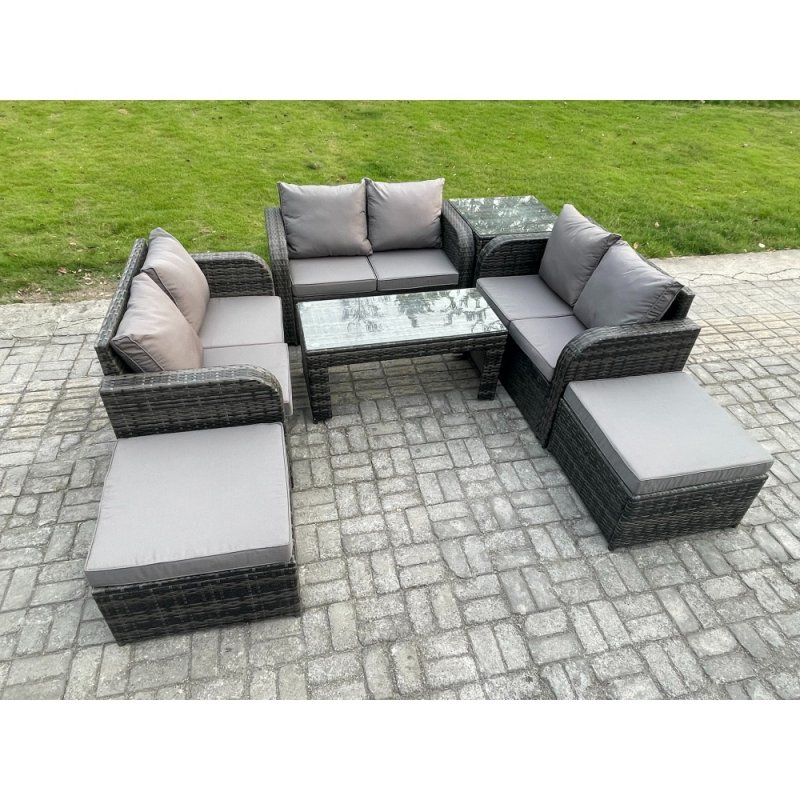 Fimous Outdoor Garden Furniture Sets 7 Pieces Wicker Rattan Furniture Sofa Sets with Rectangular Coffee Table Love seat Sofa 2 Big Footstool Side Table