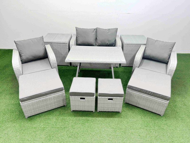 Fimous Rattan Garden Furniture Dining Set 8-seater Patio Rectangular Table Sofa Set with 2 Side Tables 4 Stools Light Grey