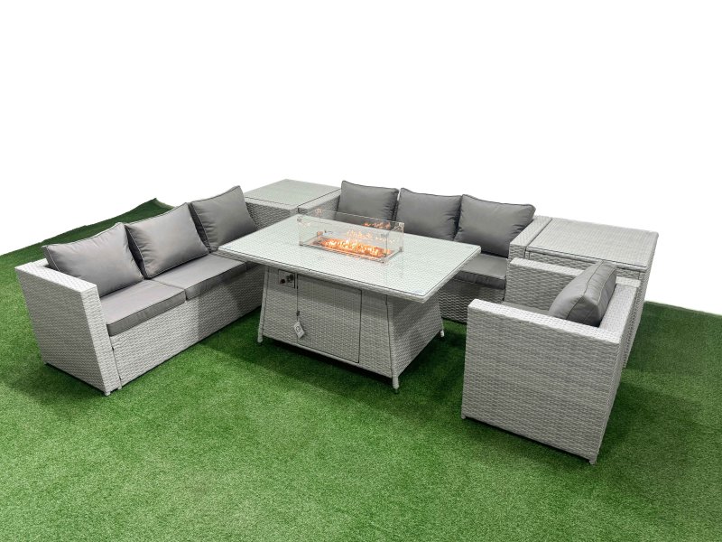 Fimous 7 Seat PE Rattan Lounge Sofa Set Outdoor Garden Furniture Set with Firepit Dining Table 3 Seater Sofa 2 Side Tables Light Grey
