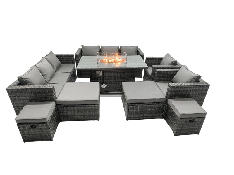 Fimous Rattan Garden Furniture Firepit Dining Set 12 Seater Lounge Sofa Table Set with 2 big Footstool