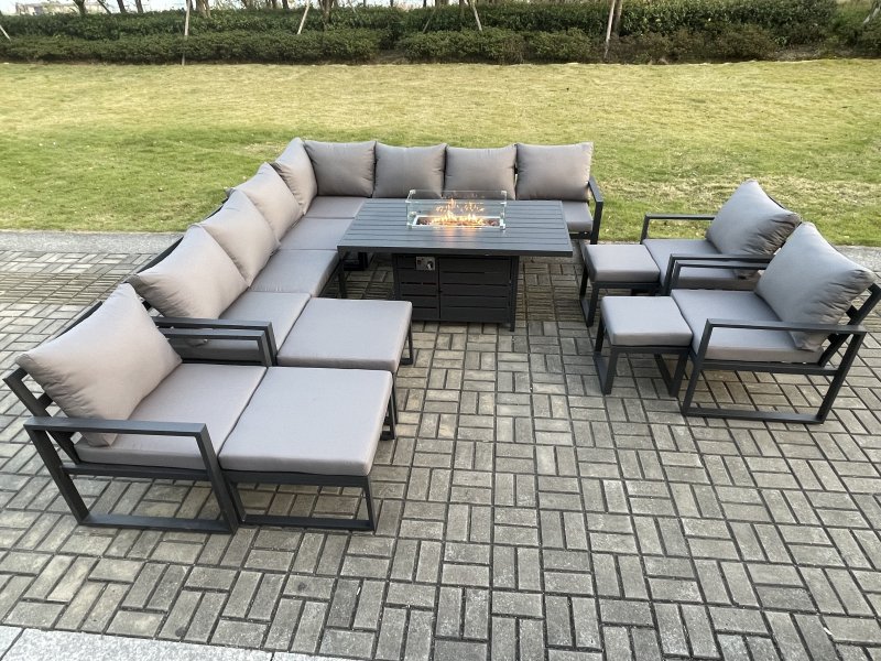 Fimous Aluminium 14 Seater Lounge Corner Sofa Outdoor Garden Furniture Sets Gas Fire Pit Dining Table Set Dark with 3 Chairs 2 Big Footstools 2 Small Footstools Grey