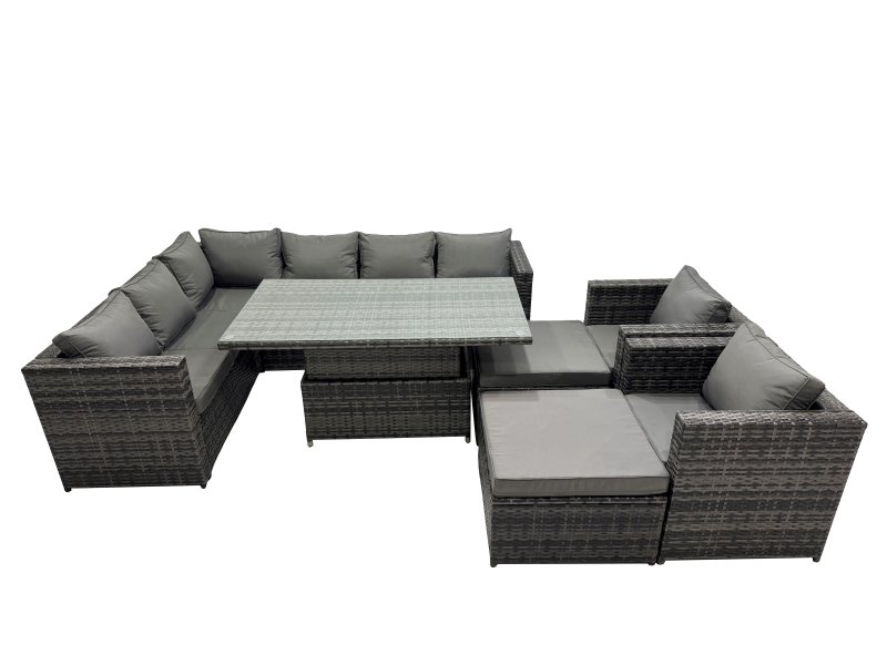 Fimous 10-seater Height Adjustable Rising Lifting Table Corner Sofa Set Rattan Garden Furniture Dining Set with 2 Big Stools Dark Grey Mixed