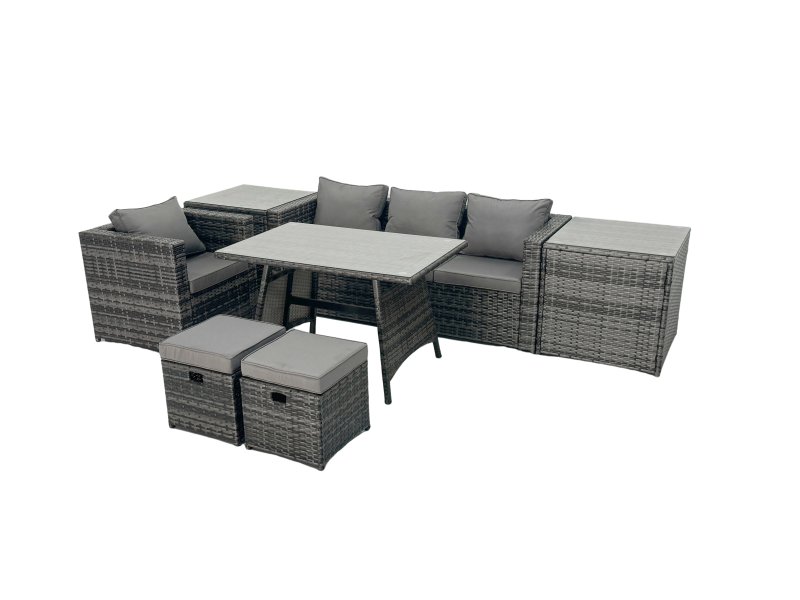 Fimous Rattan Dining Table Sofa Armchair Set with 2 Side Tables 2 Small Footstools Outdoor Garden Furniture Set Dark Grey Mixed