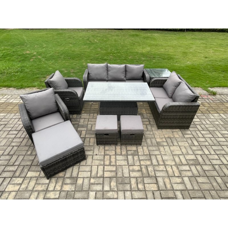 Fimous Wicker PE Rattan Outdoor Garden Furniture Sets Height Adjustable Rising lifting Dining Table Reclining Chair Sofa Set with Side Table 3 Footstools Dark Grey Mixed