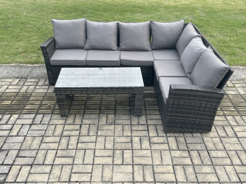 Fimous 6 Seat Rattan Garden Furniture Corner Sofa Set Outdoor Patio Sofa Table Set with Cushions Dark Grey Mixed