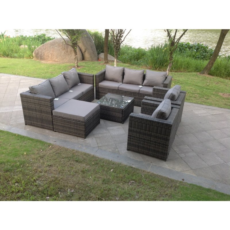 Fimous 9 Seater Dark Grey Mixed Rattan Garden Furniture Sofa Set Table Chair