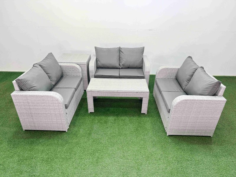 Fimous 6 Seater PE Wicker Rattan Furniture Sofa Sets with Oblong Coffee Table 2 Seater Love Sofa Side Table Light Grey