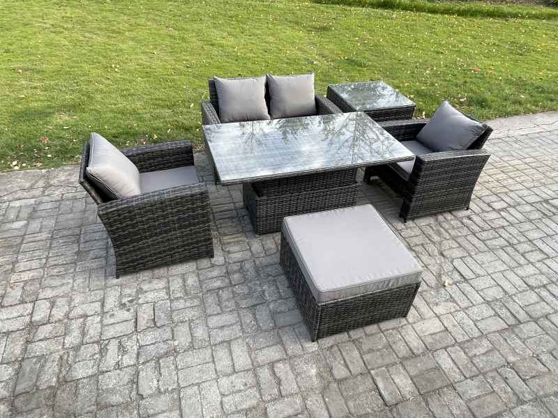 Fimous Outdoor Garden Dining Sets 5 Seater Rattan Patio Furniture Sofa Set with Rising Lifting Table Big Footstool Side Table Dark Grey Mixed