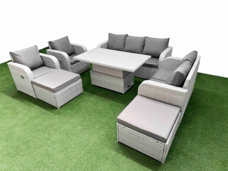 Fimous PE Rattan Garden Furniture Set Reclining Chair Sofa Double Love Seat 2 Seater Sofa Lounge Set Adjustable Lifting Dining or Coffee Table 2 Big Footstool Light Grey