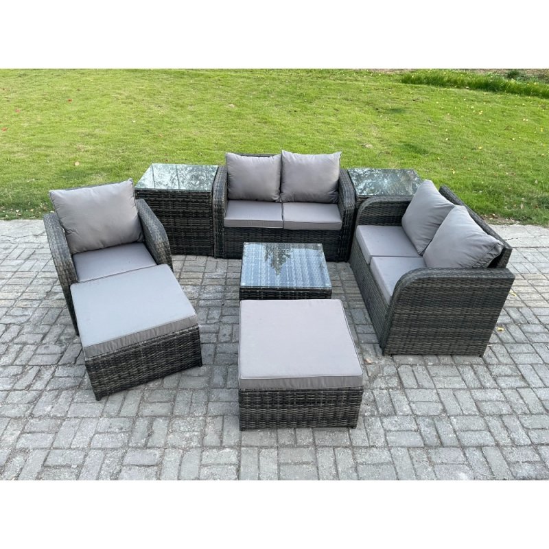 Fimous PE Rattan Garden Furniture Sets Outdoor Love Sofa Chair Set Square Coffee Table 2 Side Tables 2 Big Footstool