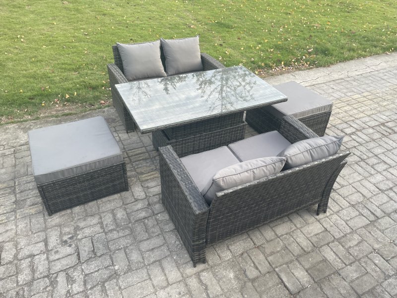 Fimous 5 Pieces Garden Furniture Sets Poly Rattan Outdoor Patio Height Adjustable Rising Lifting Table Sofa Dining Set with 2 Big Footstool