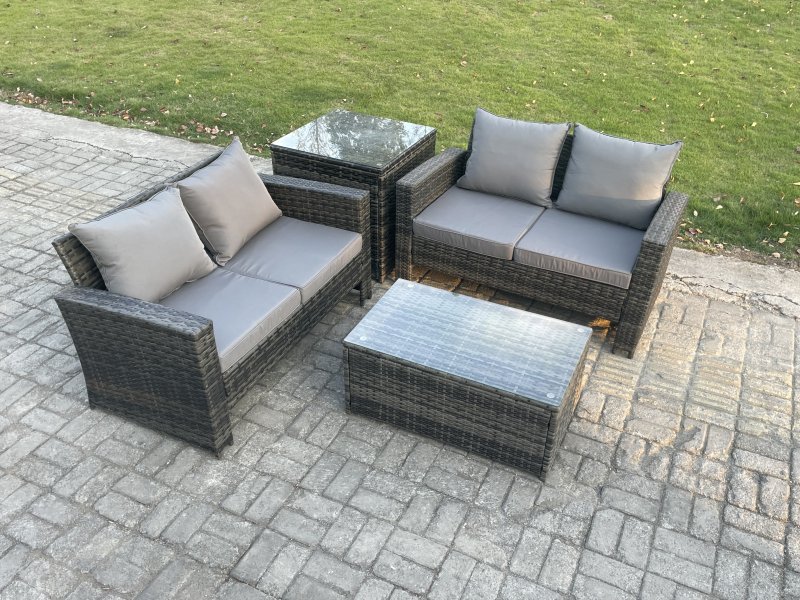 Fimous Wicker Rattan Garden Furniture Sofa Set with Rectangular Coffee Table Double Seat Sofa Side Table Outdoor Rattan Set Dark Grey Mixed
