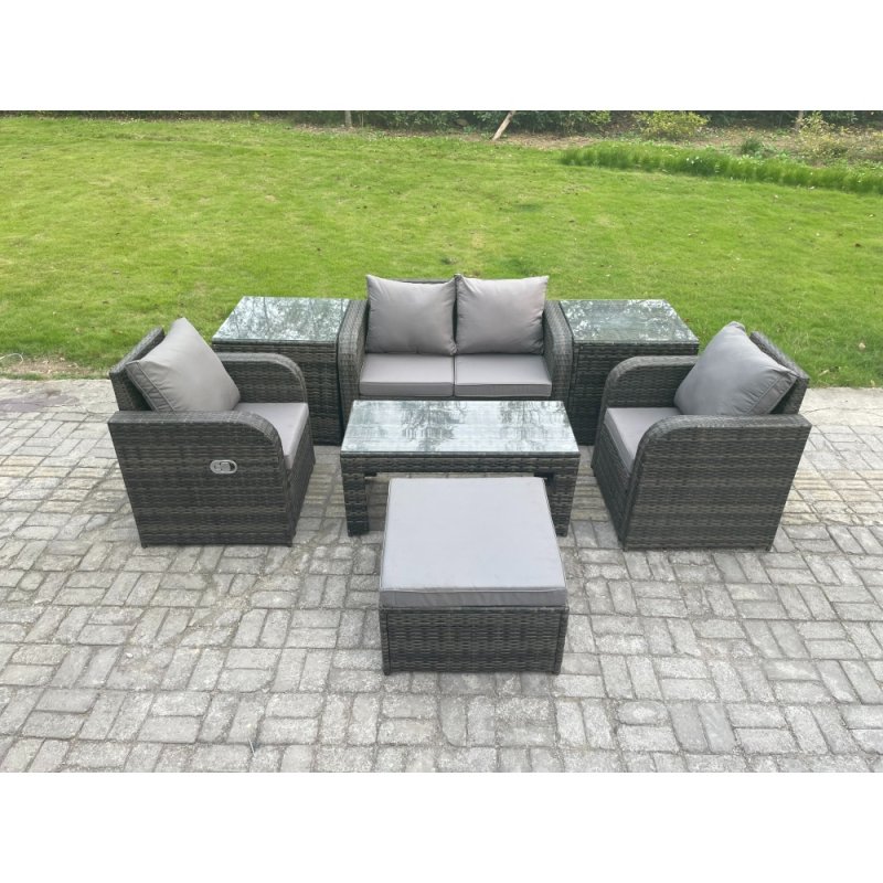 Fimous Rattan Lounge Sofa Set 7 PCS Outdoor Garden Furniture Set with Rectangular Coffee Table Love Sofa 2 Side Tables Big Footstool Dark Grey Mixed