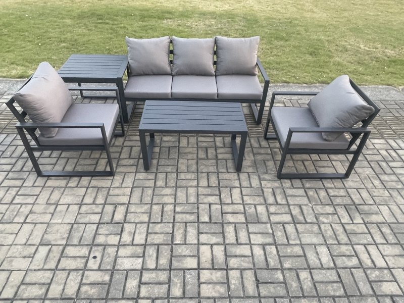 Fimous Aluminium Outdoor Garden Furniture Set Patio Lounge Sofa with Oblong Coffee Table 2 Armchairs Side Table Dark Grey