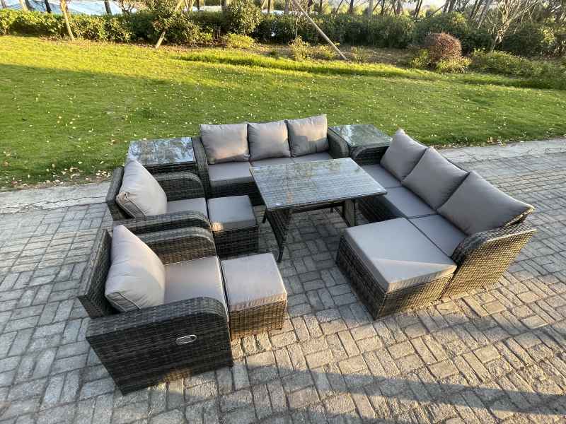 Fimous 11 Seater Rattan Outdoor Garden Furniture Sofa Set Patio Table & Chairs Set with 3 Seater Sofa Rectangular Dining Table 3 Footstool 2 Side Tables Dark Grey Mixed