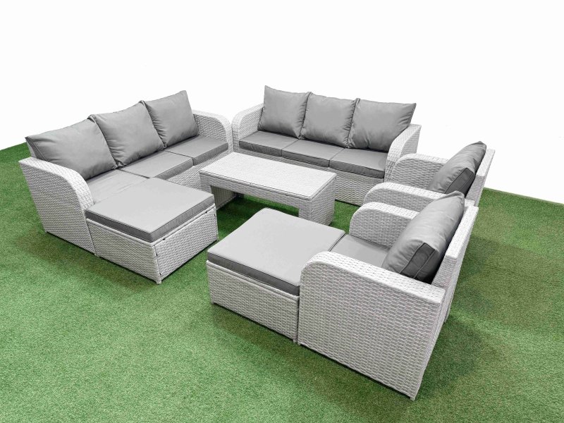 Fimous PE Rattan High Back Lounge Sofa Set Patio Oblong Coffee Table & Chairs Set with 3 Seater Sofa Reclining Chair 2 Big Footstool Light Grey