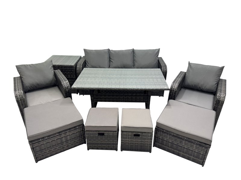 Fimous 8 Seat Outdoor Wicker PE Rattan Garden Furniture Set Dining Table Sofa Set with 4 Stools Side Table Dark Grey Mixed