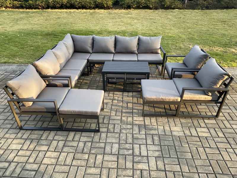 Fimous 13 Seater Aluminium Outdoor Garden Furniture Set Patio Lounge Sofa with Oblong Coffee Table Chair 2 Small Footstools 2 Big Footstools Dark Grey