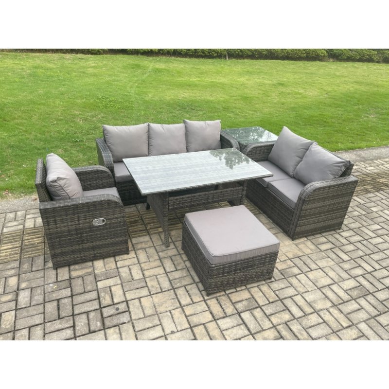 Fimous 7 Seater Garden Rattan Furniture Dining Table Sofa Set Indoor Outdoor with Reclining Chairs Big Footstool Side Table Dark Grey Mixed