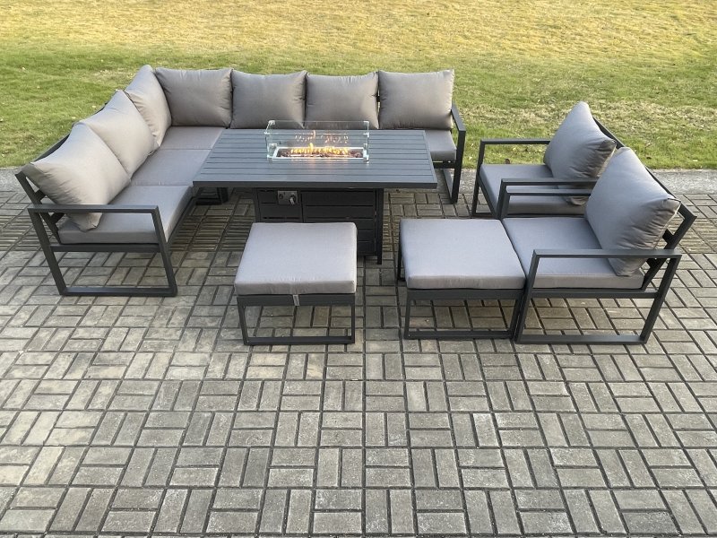 Fimous Aluminium Patio Outdoor Garden Furniture Corner Sofa Set Gas Fire Pit Dining Table with 2 Chairs 2 Big Footstools Dark Grey