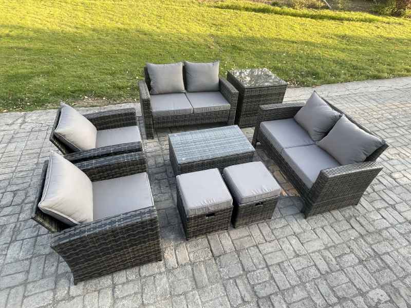 Fimous Garden Furniture Sets 8 Pieces Outdoor Rattan Furniture Manual Wicker Patio Sofa Chair Set with Coffee Table Side Table 2 Small Footstools Dark Grey Mixed