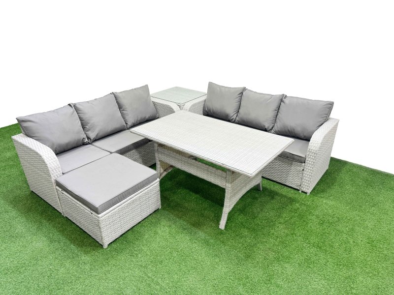 Fimous Outdoor Garden Furniture Sets 7 Seater Wicker Rattan Furniture Sofa Sets with Rectangular Dining Table high Back Lounge Sofa Big Footstool Side Table Light Grey