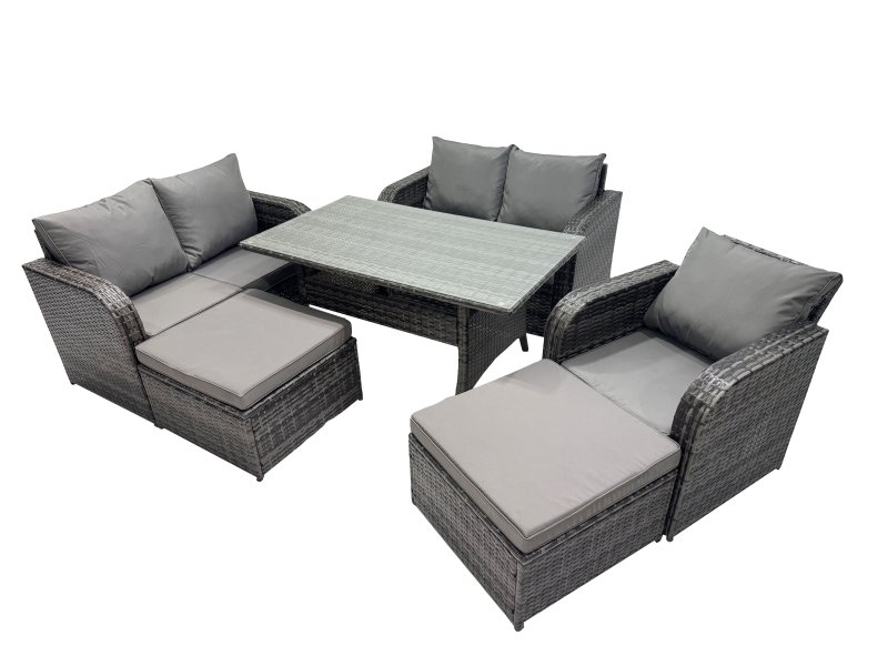 Fimous Wicker PE Rattan Garden Outdoor Furniture Set Love Sofa Dining Table Sets with 2 Big Stools Dark Grey Mixed