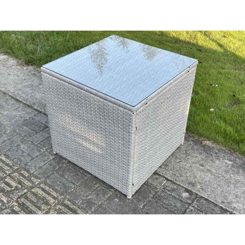Fimous Light Grey Rattan Cube Side Table Tea Coffee Table Outdoor Garden Furniture Accessory With Clear Tempered Glass