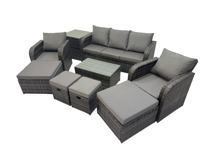 Fimous Outdoor Reclining Chair 3 Seater Sofa Coffee Table Set Garden Rattan Furniture Set 9 Seater with 4 Stools Side Table Dark Grey