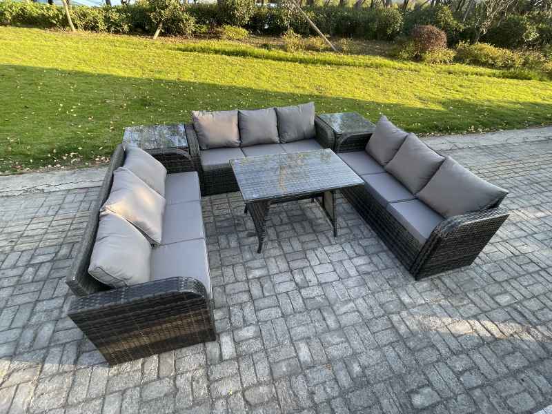Fimous 9 Seater Wicker Rattan Garden Furniture Set with Rectangular Dining Table 2 Side Tables Patio Outdoor Lounge Sofa Set