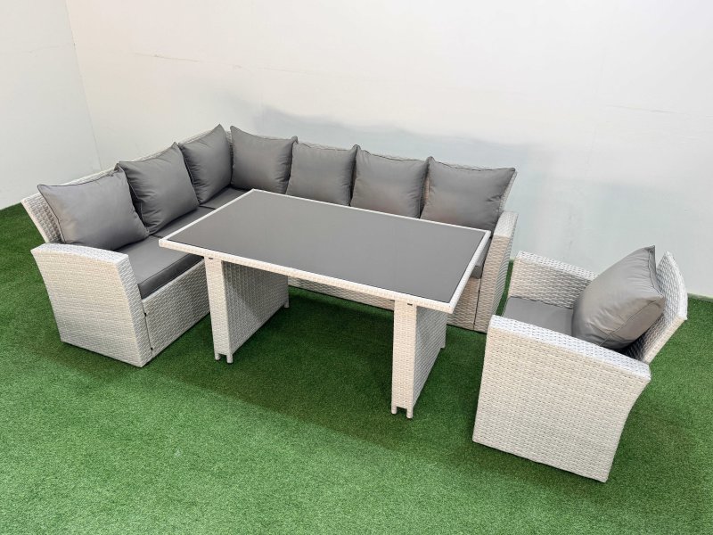 Fimous 7 Seater Wicker Rattan Corner Sofa Sets Outdoor Garden Furniture Sets with Rectangular Dining Table Lounge Sofa Armchair Light Grey