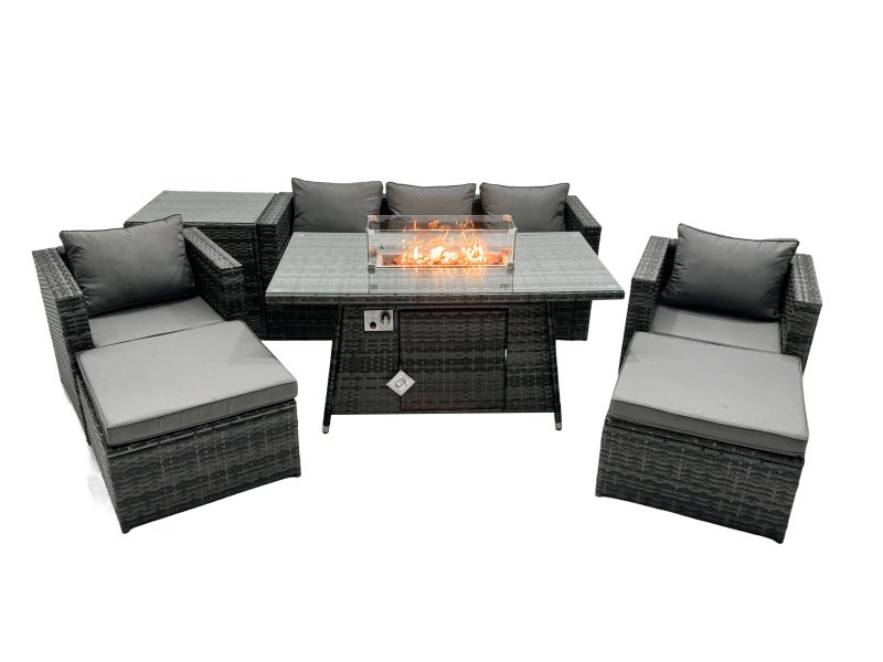 Fimous Rattan Garden Furniture Firepit Dining Set 7 Seater Lounge Sofa Table Set with Side table 2 big Footstool