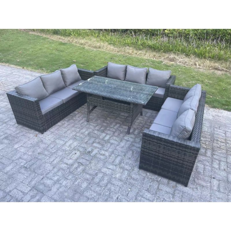 Fimous 9 Seater Outdoor Wicker Garden Furniture Rattan Lounge Sofa Set Patio Rectangular Dining Table Three Seater Sofa Dark Grey Mixed